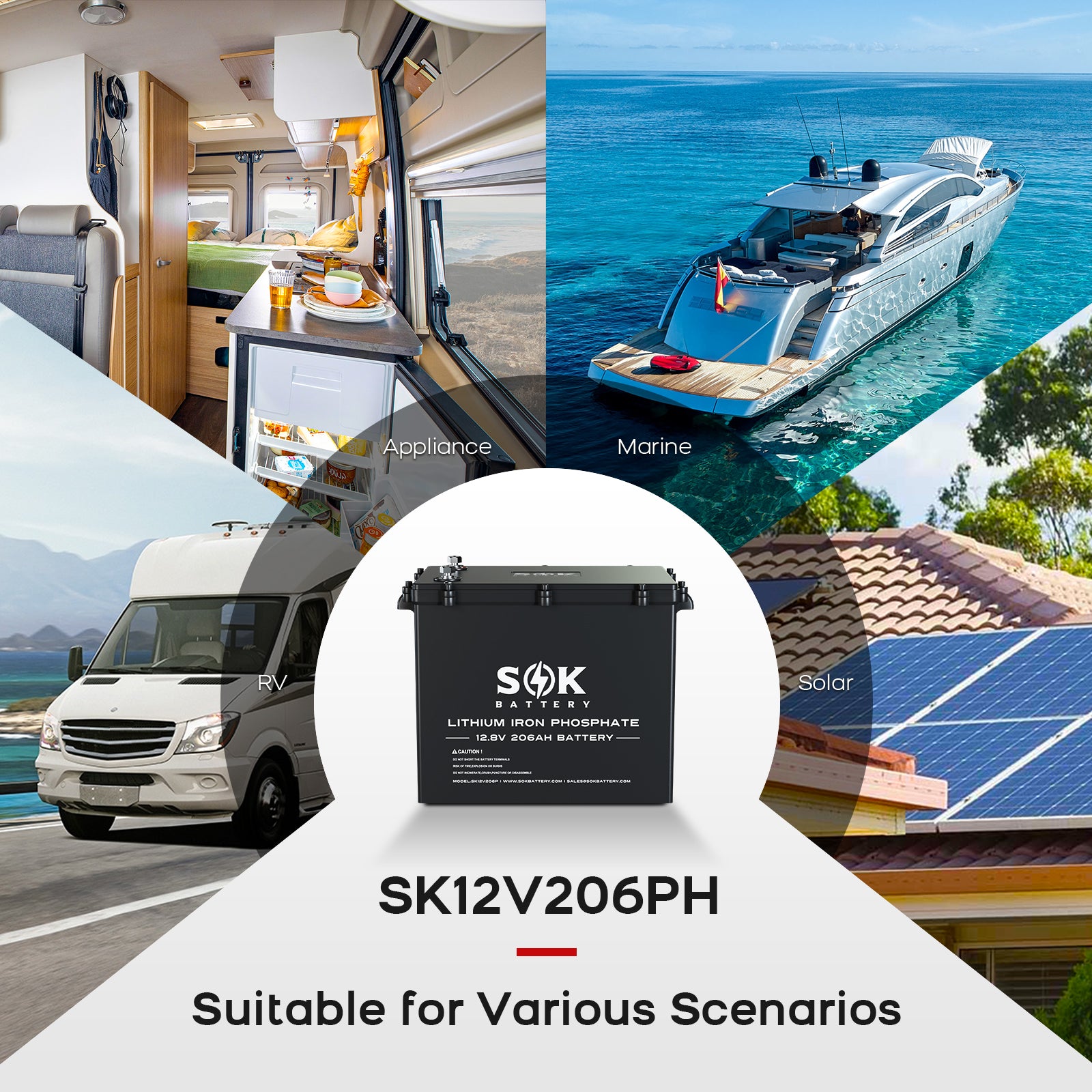 SK12V206PH | Marine Grade 12V 206Ah LiFePO4 Battery,Sealed Plastic Box